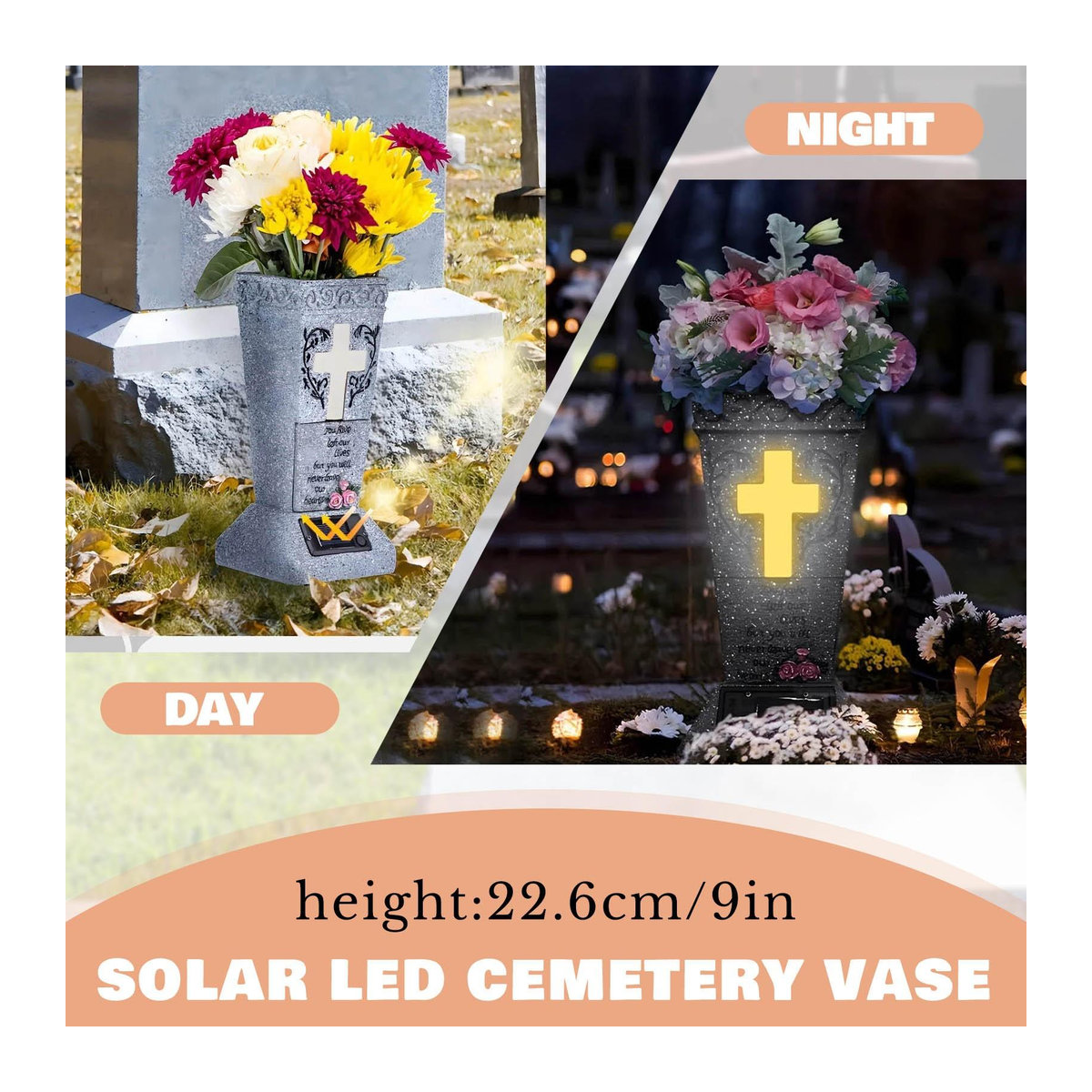 Sevenday Solar Friedhofs-Grabvase mit LED in Grau aus Kunstharz für frische oder künstliche Blumen - Bild 4