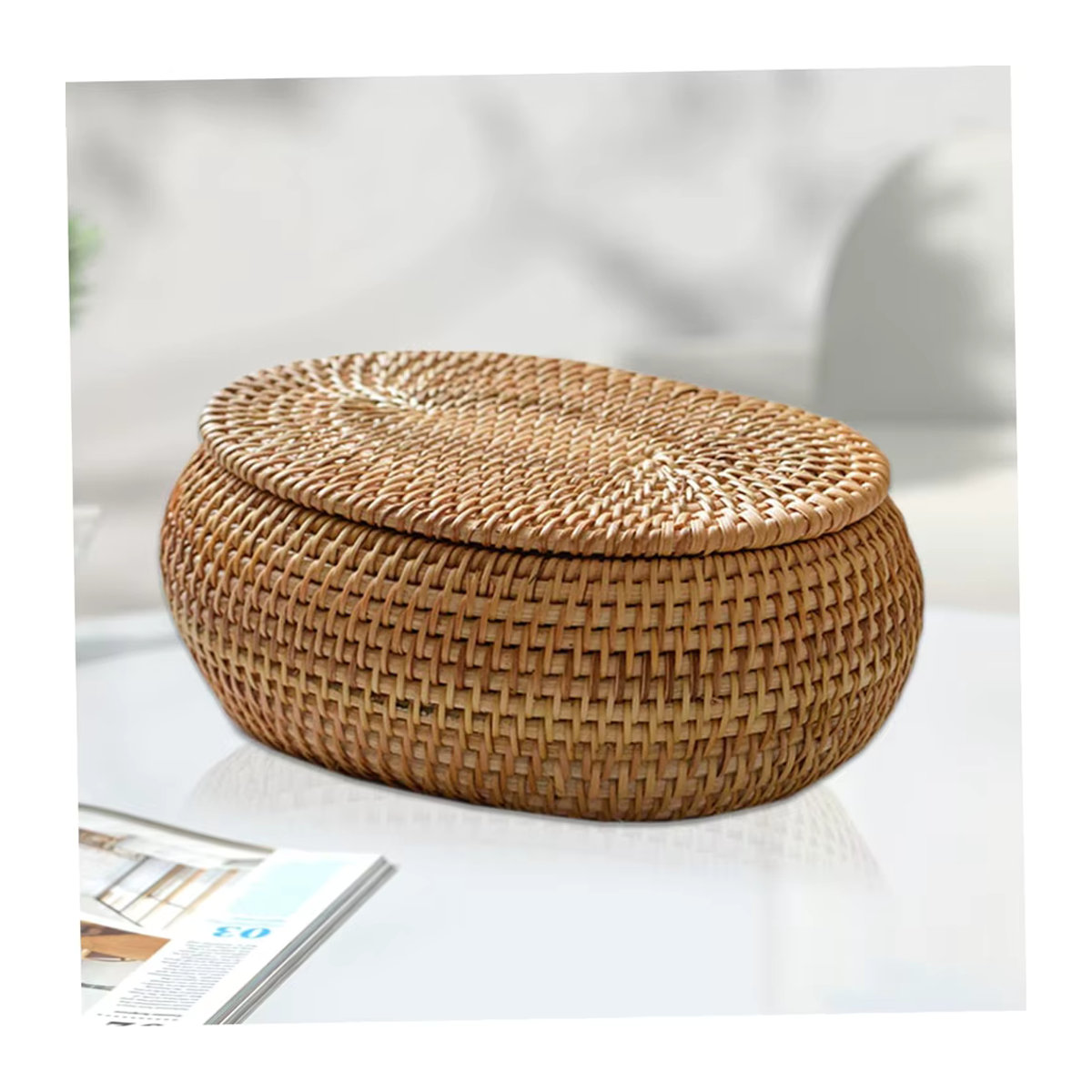 SEWS Rattan-Aufbewahrungskorb mit Deckel, runder handgewebter Dekokorb in Braun - Bild 4