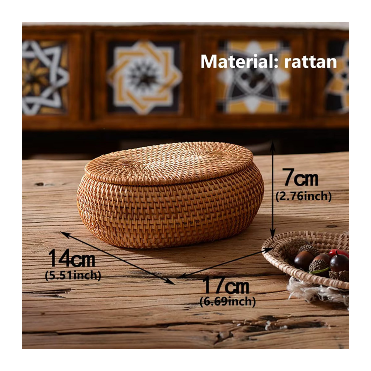 SEWS Rattan-Aufbewahrungskorb mit Deckel, runder handgewebter Dekokorb in Braun - Bild 6