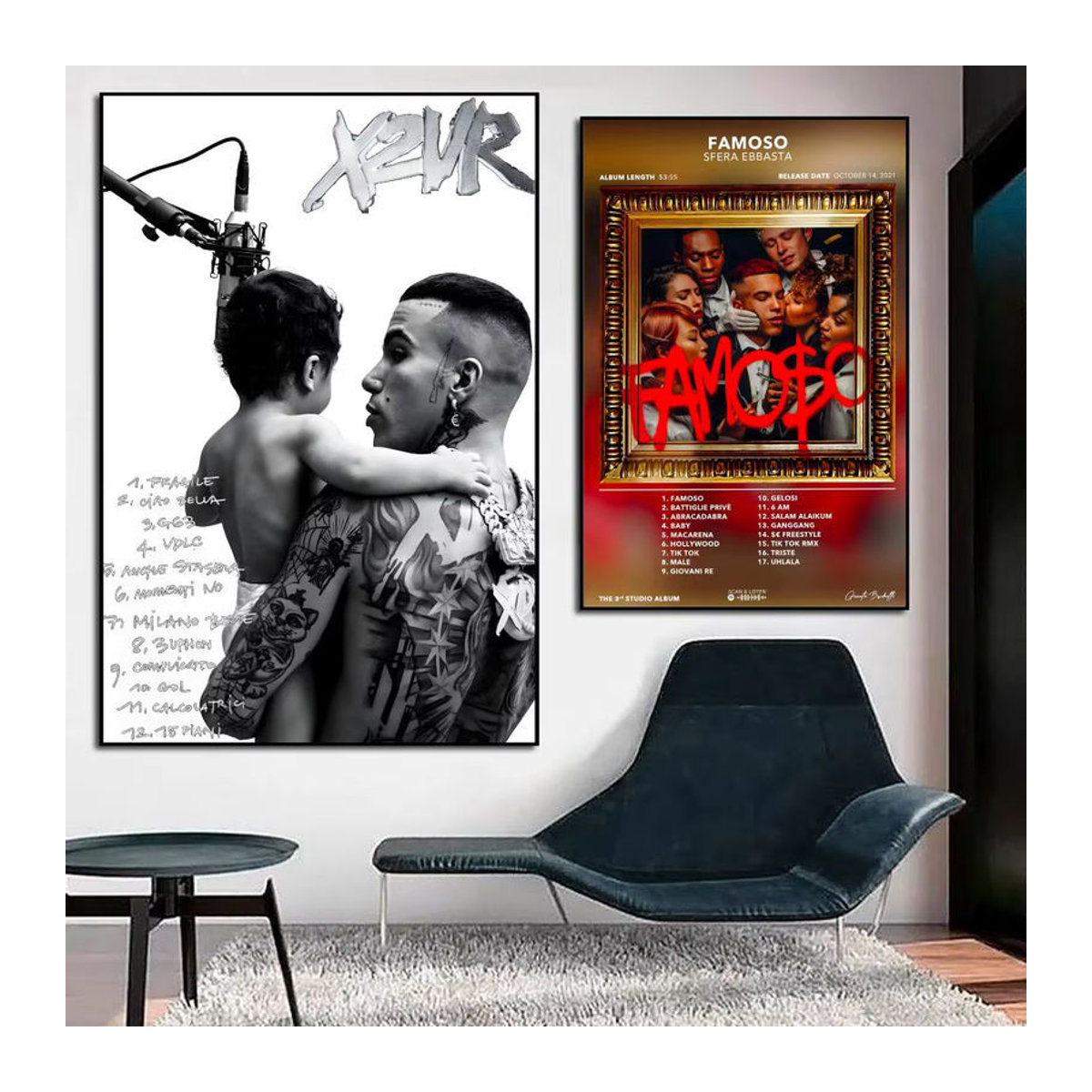 Sfera Ebbasta Poster Porträt in Schwarz und Mehrfarbig, Selbstklebendes Wandposter aus Papier, Rahmenlos, Hochformat - Bild 1