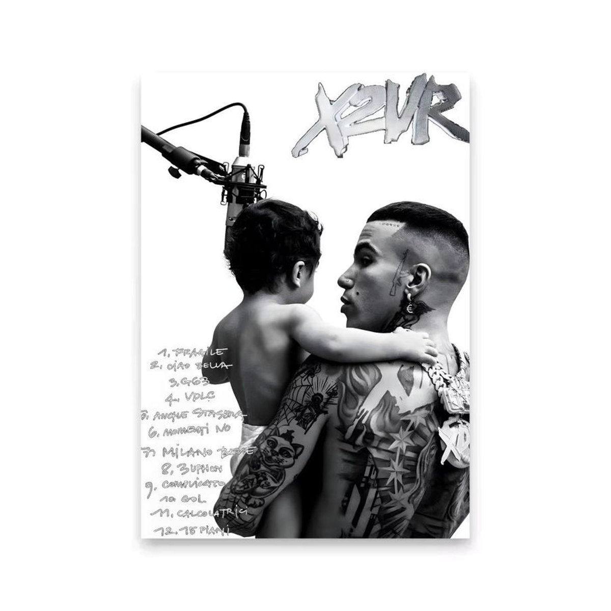 Sfera Ebbasta Poster Porträt in Schwarz und Mehrfarbig, Selbstklebendes Wandposter aus Papier, Rahmenlos, Hochformat - Bild 4