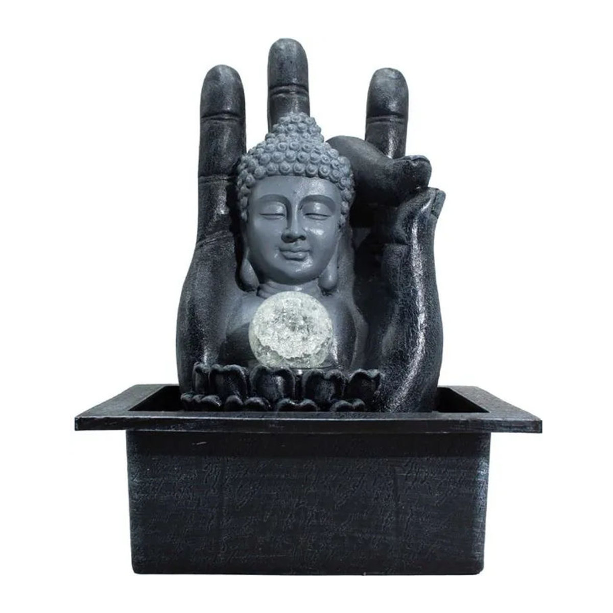 SHAMTAM Buddha Hand & Kopf Tischbrunnen in Grau mit LED-Beleuchtung und Drehkugel aus Polyresin, B/T/H: 20 x 25 x 35 cm - Bild 1
