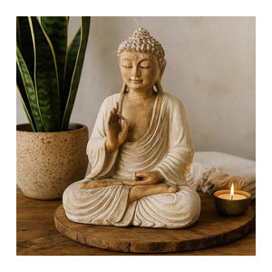 SHAMTAM Buddha Statue in Weiß und Beige, klassische Dekoration aus Kunstharz, Höhe: 30 cm
