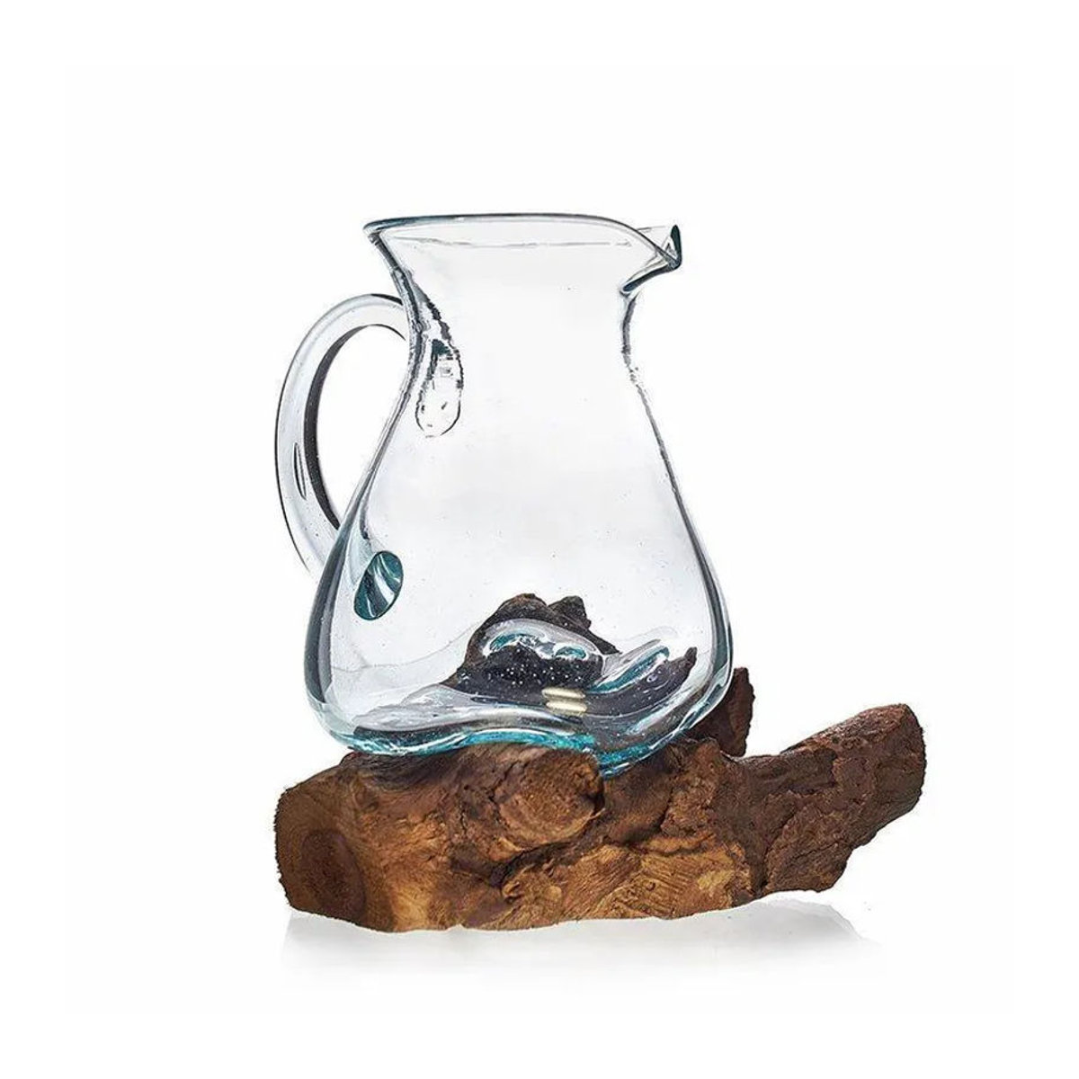 SHAMTAM Glaswasserkaraffe aus mundgeblasenem Glas auf Treibholz, 0,6 L, transparent, rustikal - Bild 2