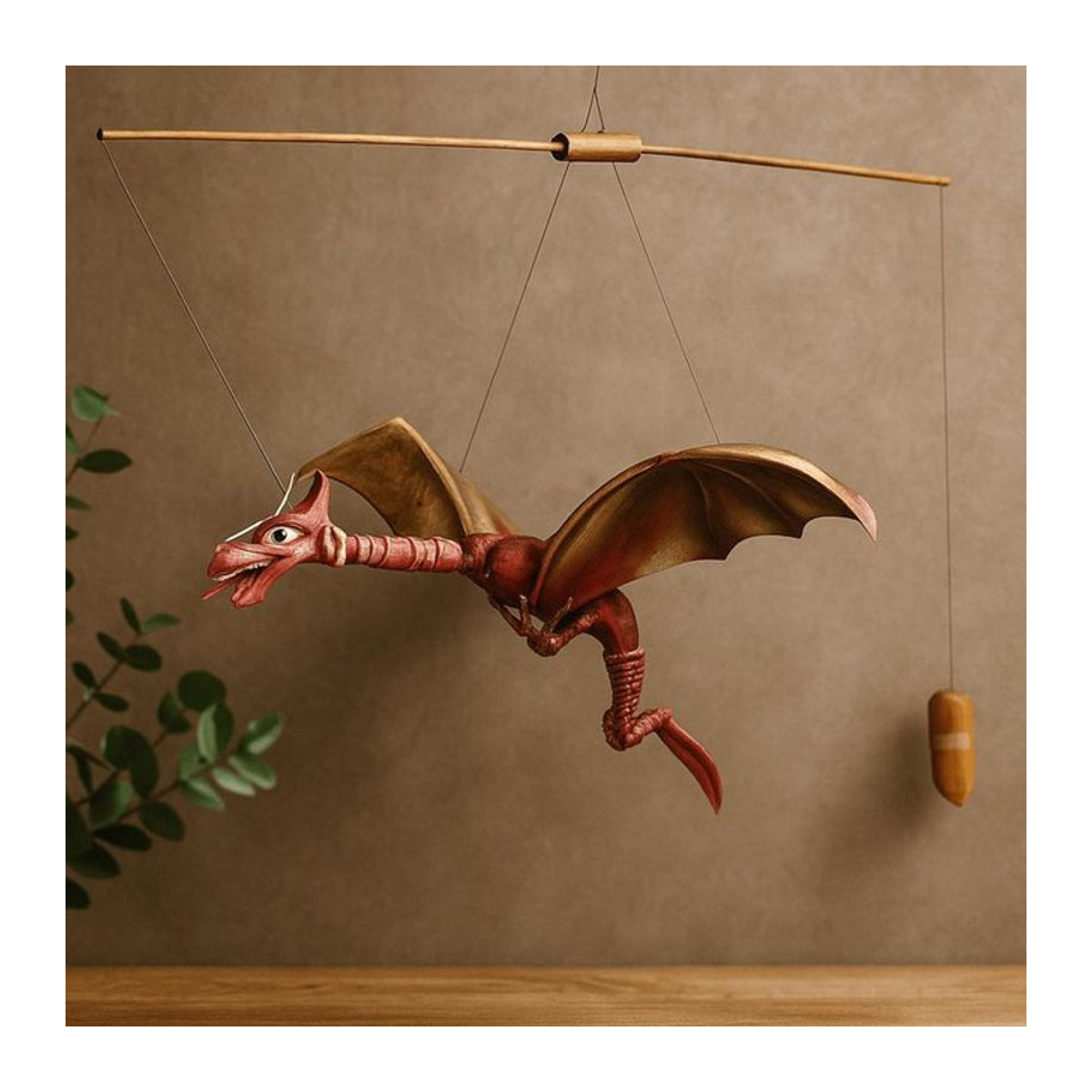 SHAMTAM Windspiel Drache aus Kokosnuss und Holz in Rot und Bronze-Gold, Höhe: 46 cm - Bild 1