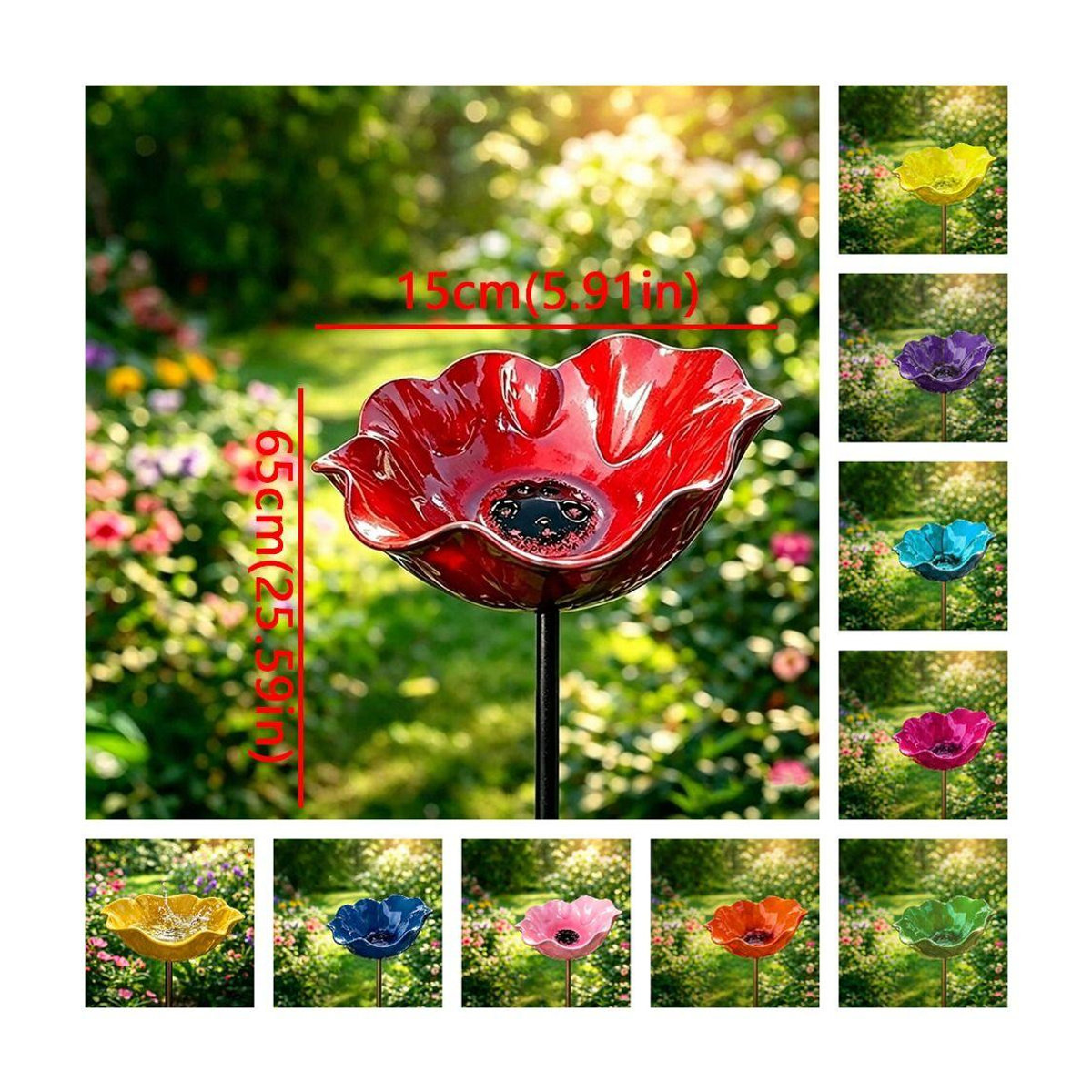Shejmrtw Handgefertigter Metall Gartenspieß mit Keramik-Elementen als Bienen-Trinkstation und Blumen-Skulptur in Rot - Bild 5