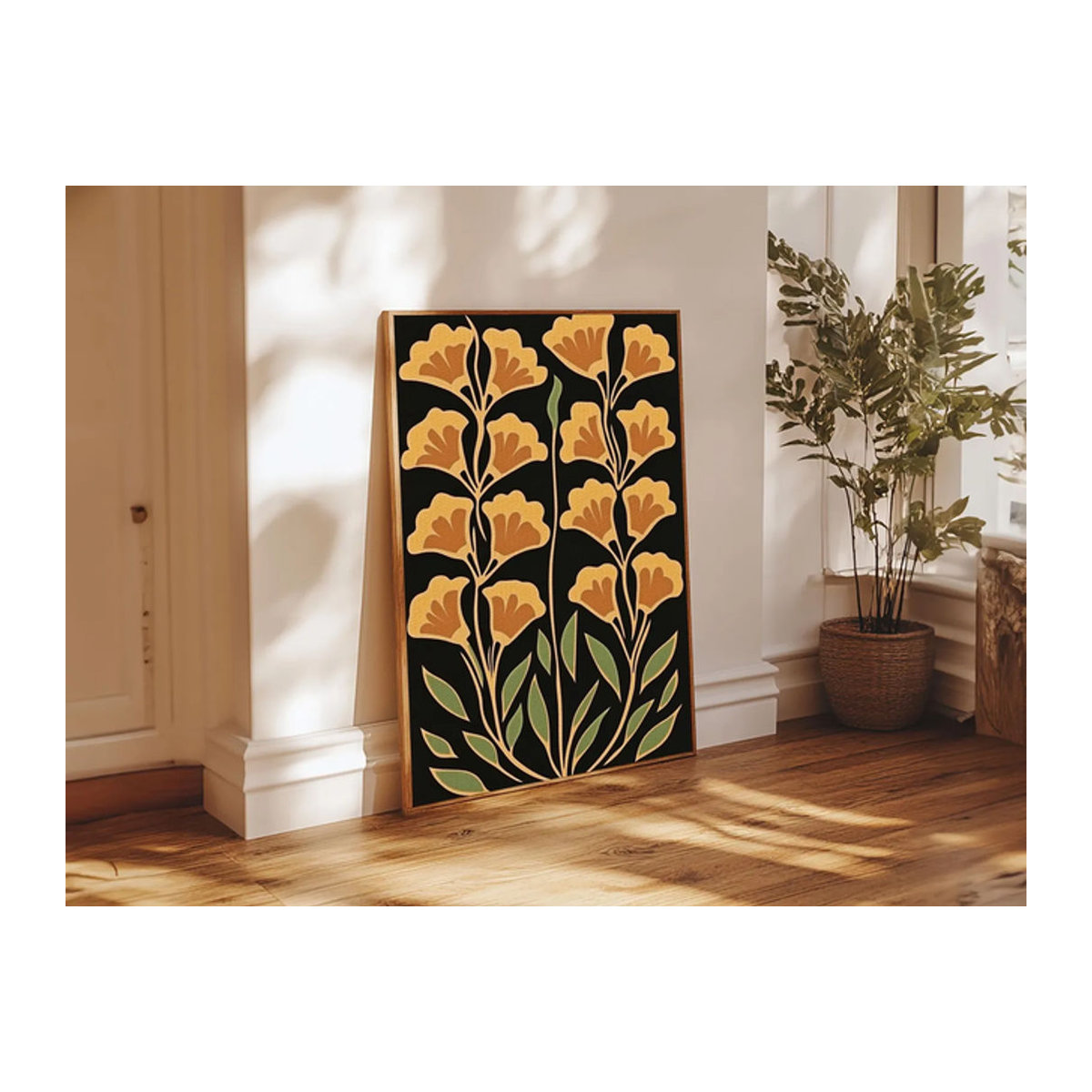 SHENCHEN Abstrakte Blumen Wanddekoration als Leinwanddruck im Boho-Stil, gelb und mehrfarbig, florale Kunst im Hochformat - Bild 1