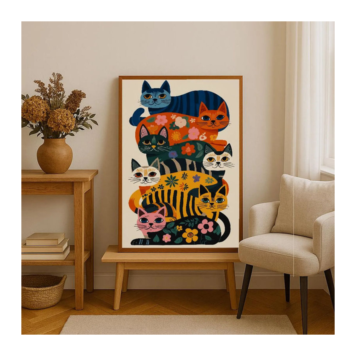 SHENCHEN Katzen-Wanddekoration mit floralem Design in Mehrfarbig, Bohemian Stil, Rechteckiges Holzposter im Hochformat - Bild 1