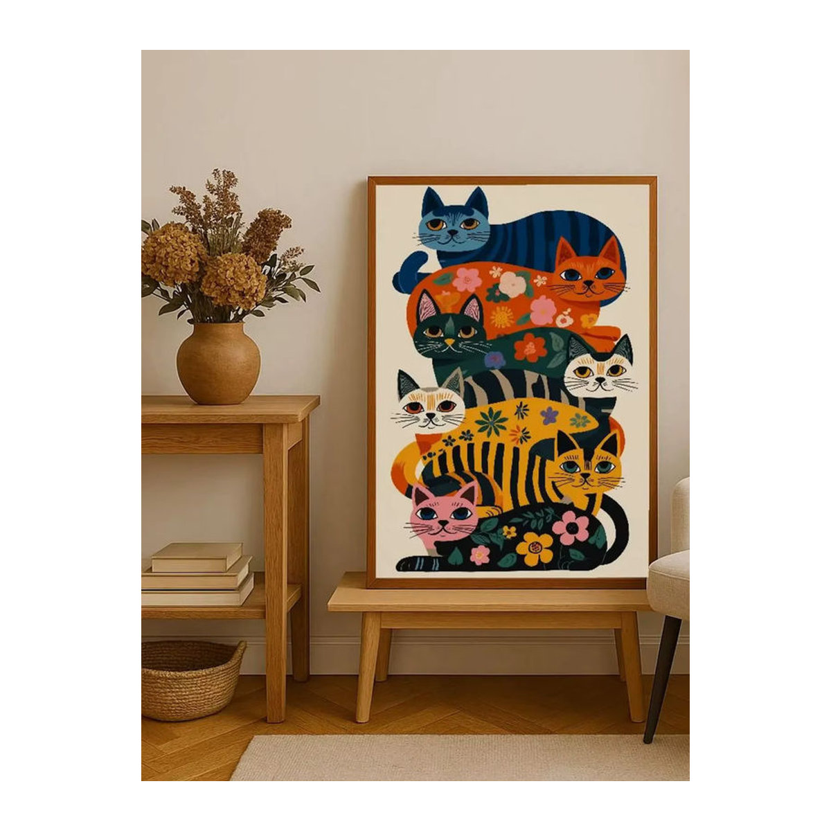 SHENCHEN Katzen-Wanddekoration mit floralem Design in Mehrfarbig, Bohemian Stil, Rechteckiges Holzposter im Hochformat - Bild 7