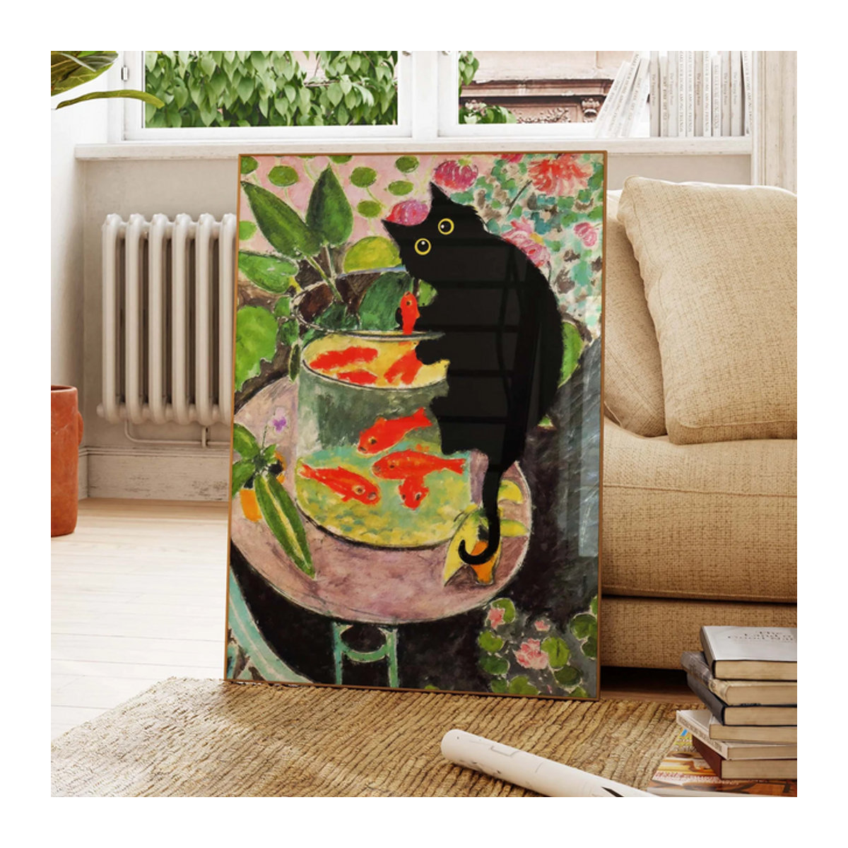 SHENCHEN Matisse Goldfisch mit Katzenposter Wandkunst in Schwarz und Gold mit floralem Design - Bild 1