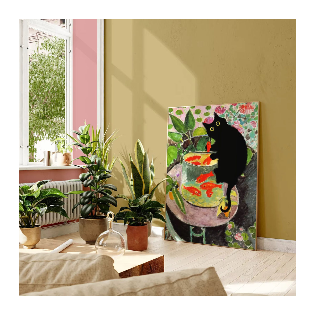 SHENCHEN Matisse Goldfisch mit Katzenposter Wandkunst in Schwarz und Gold mit floralem Design - Bild 2
