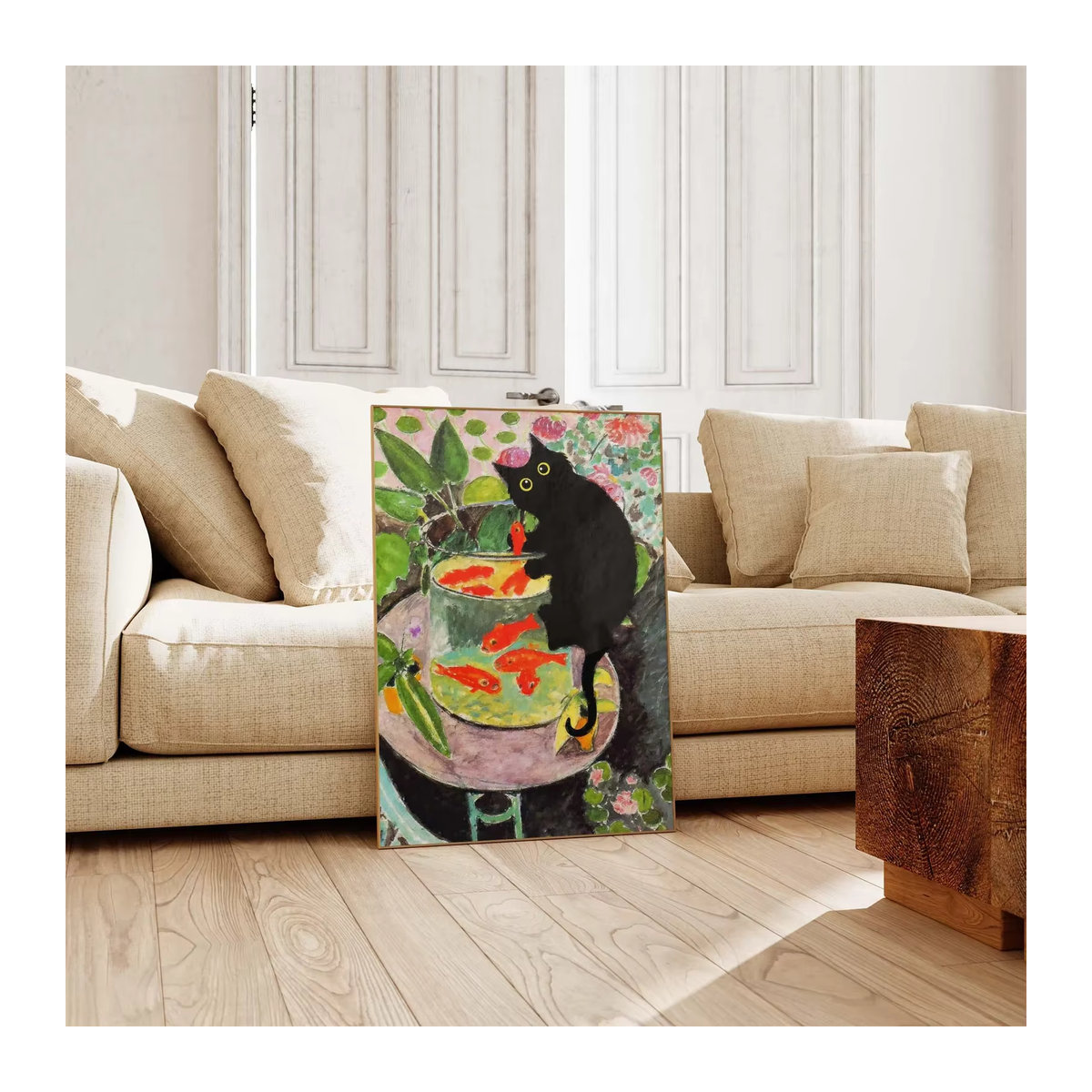 SHENCHEN Matisse Goldfisch mit Katzenposter Wandkunst in Schwarz und Gold mit floralem Design - Bild 3