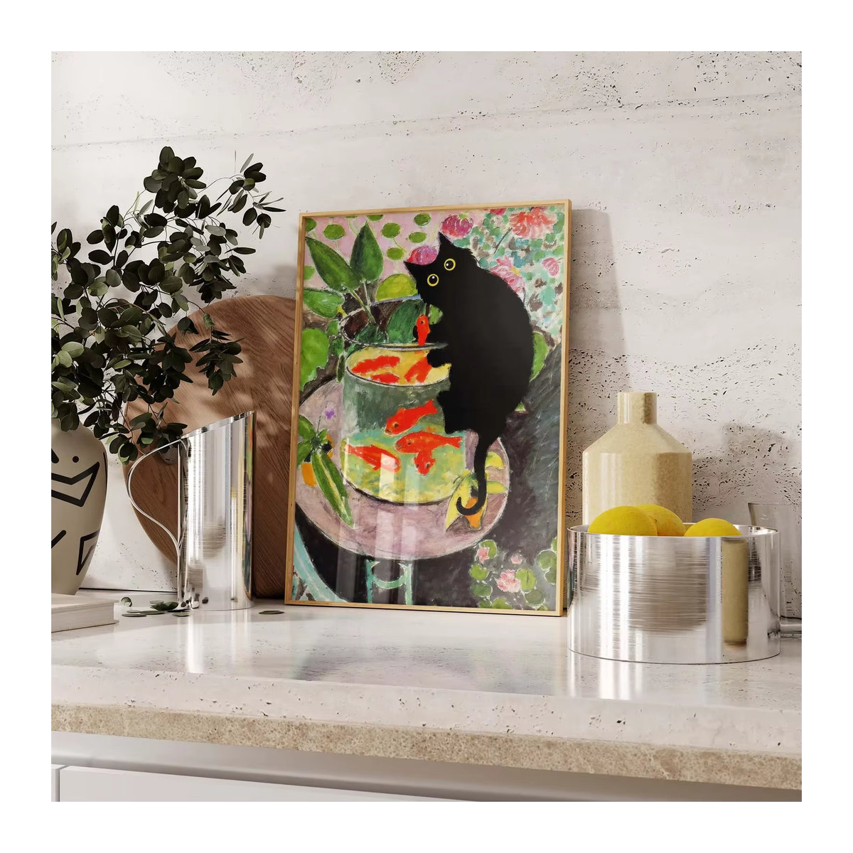 SHENCHEN Matisse Goldfisch mit Katzenposter Wandkunst in Schwarz und Gold mit floralem Design - Bild 5