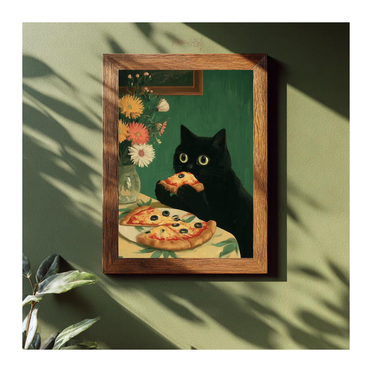 SHENCHEN Wandkunst Schwarze Katzen Illustration auf Papier im Holzrahmen, Mehrfarbiges Poster für die Wandmontage im Hochformat - Bild 1