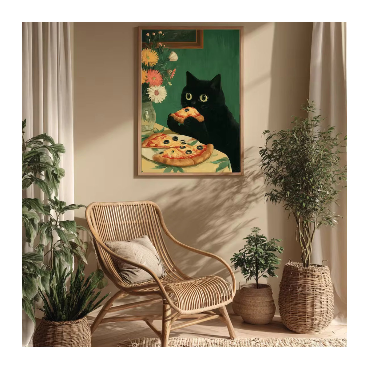 SHENCHEN Wandkunst Schwarze Katzen Illustration auf Papier im Holzrahmen, Mehrfarbiges Poster für die Wandmontage im Hochformat - Bild 2