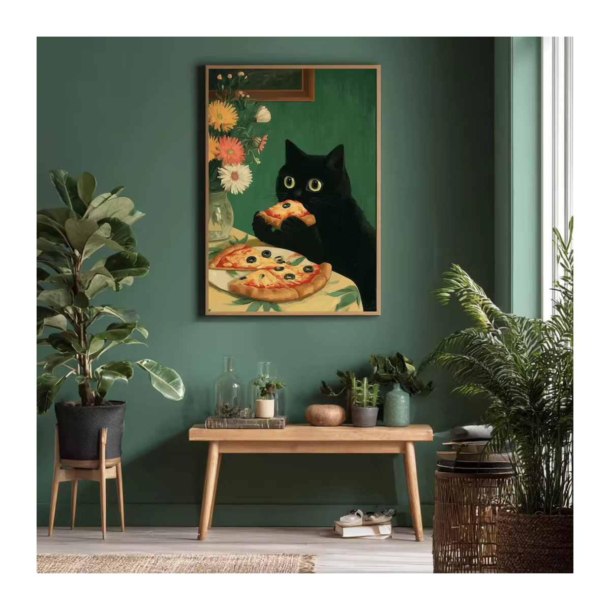 SHENCHEN Wandkunst Schwarze Katzen Illustration auf Papier im Holzrahmen, Mehrfarbiges Poster für die Wandmontage im Hochformat - Bild 4