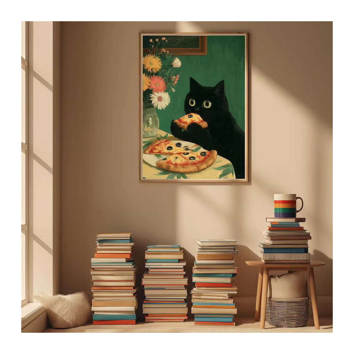 SHENCHEN Wandkunst Schwarze Katzen Illustration auf Papier im Holzrahmen, Mehrfarbiges Poster für die Wandmontage im Hochformat - Bild 5