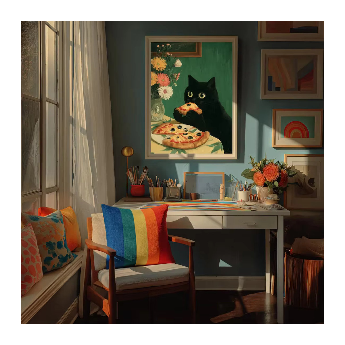SHENCHEN Wandkunst Schwarze Katzen Illustration auf Papier im Holzrahmen, Mehrfarbiges Poster für die Wandmontage im Hochformat - Bild 6