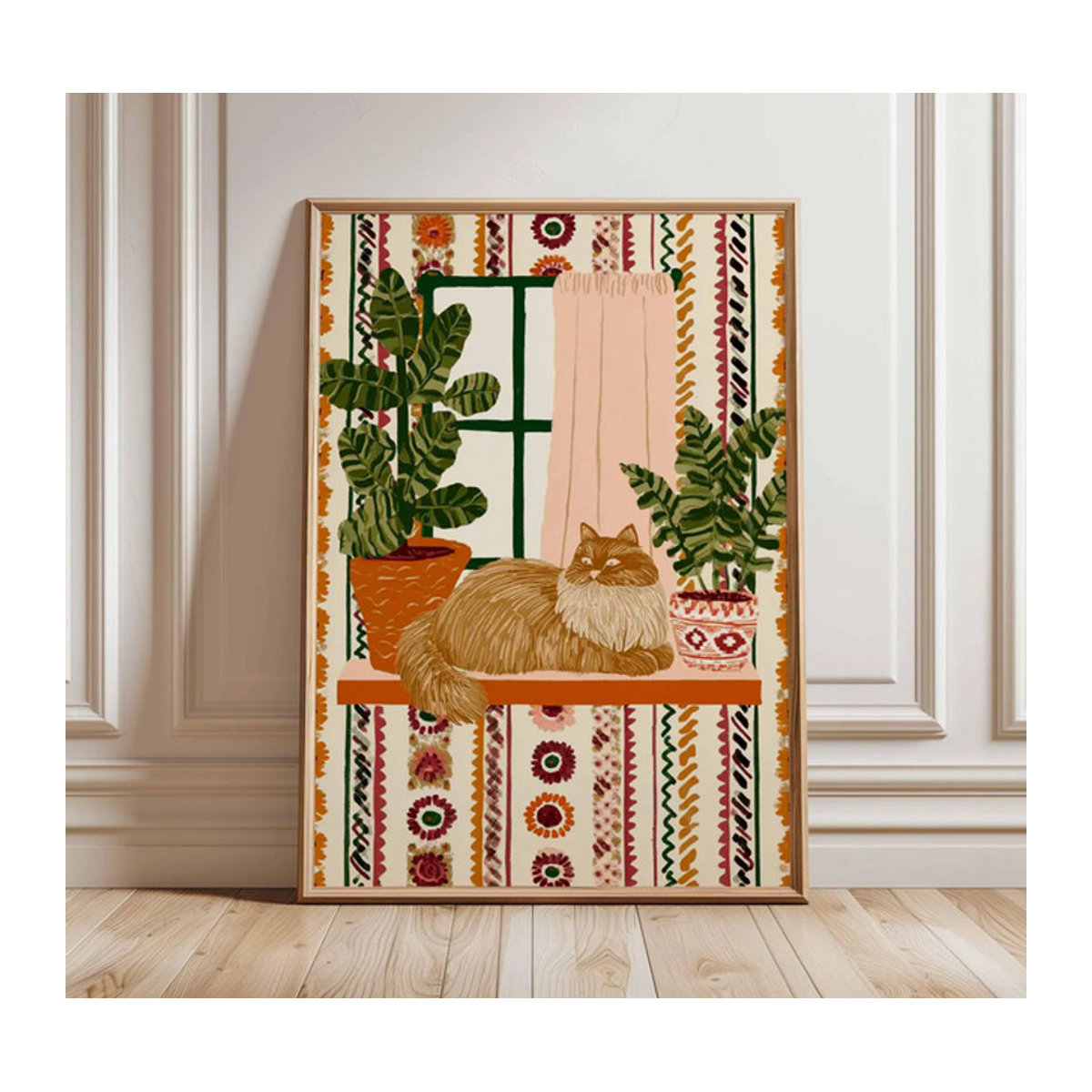 SHENCHEN Wandkunstdruck Ginger Cat Boho Botanisches Poster mit Pflanzen in Mehrfarbig - Bild 1