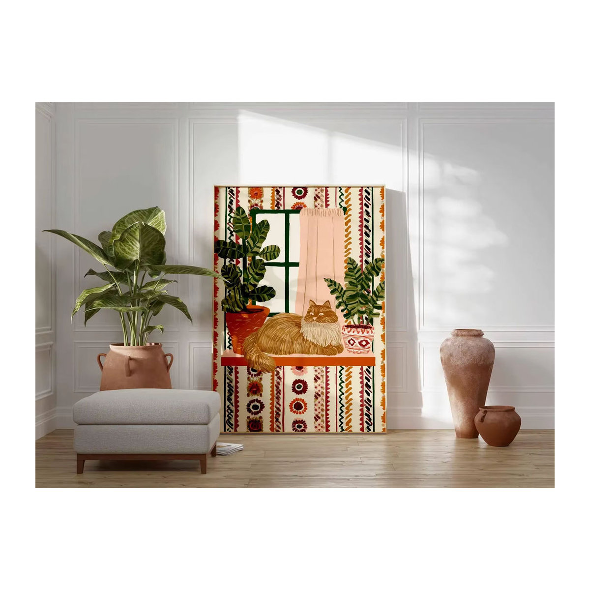 SHENCHEN Wandkunstdruck Ginger Cat Boho Botanisches Poster mit Pflanzen in Mehrfarbig - Bild 2