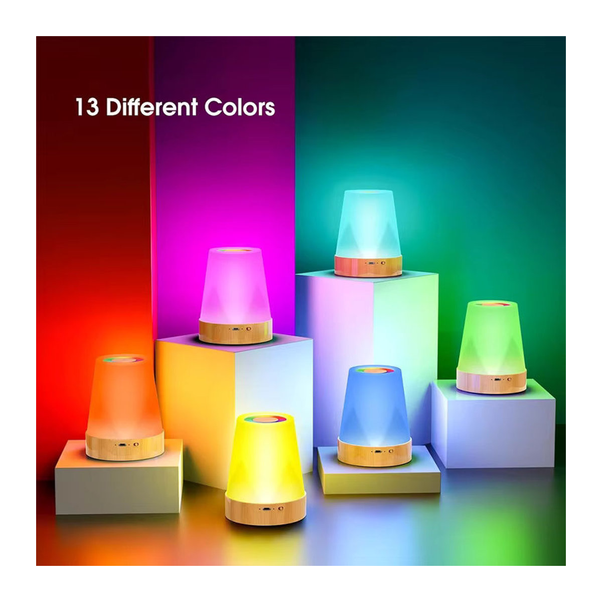 SHENZHITECH LED Nachttischlampe mit 13 Farben und Fernbedienung, wiederaufladbare RGB-Atmosphärenlampe aus Holz in Bunt, minimalistisches Design für Schlafzimmer und Wohnzimmer - Bild 2
