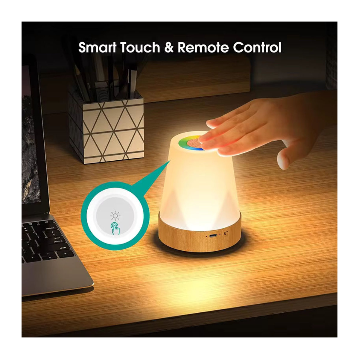 SHENZHITECH LED Nachttischlampe mit 13 Farben und Fernbedienung, wiederaufladbare RGB-Atmosphärenlampe aus Holz in Bunt, minimalistisches Design für Schlafzimmer und Wohnzimmer - Bild 3