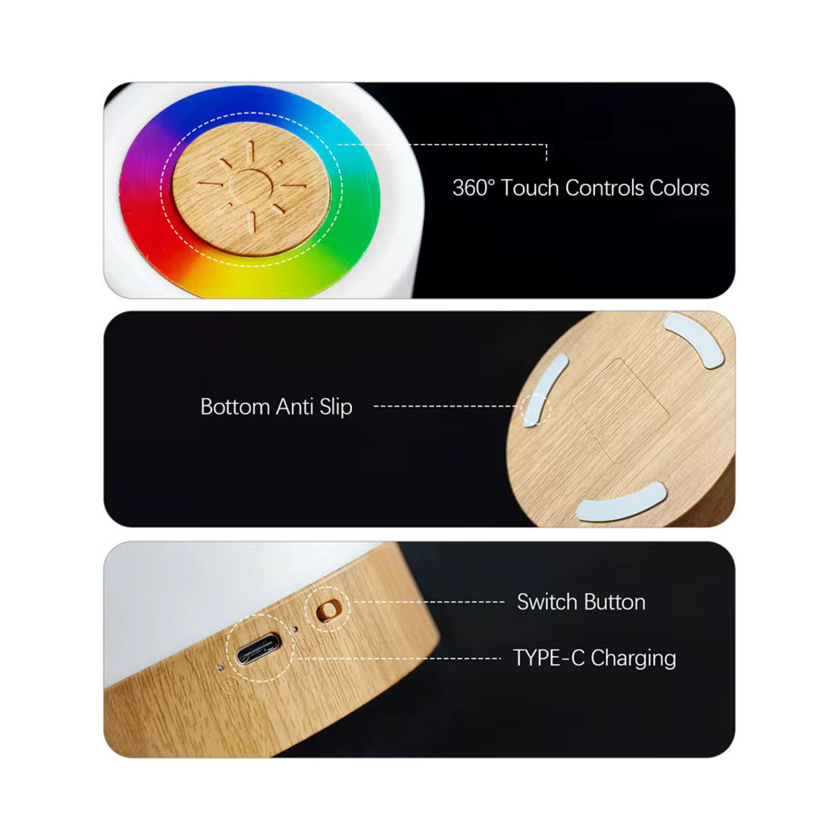 SHENZHITECH LED Nachttischlampe mit 13 Farben und Fernbedienung, wiederaufladbare RGB-Atmosphärenlampe aus Holz in Bunt, minimalistisches Design für Schlafzimmer und Wohnzimmer - Bild 5