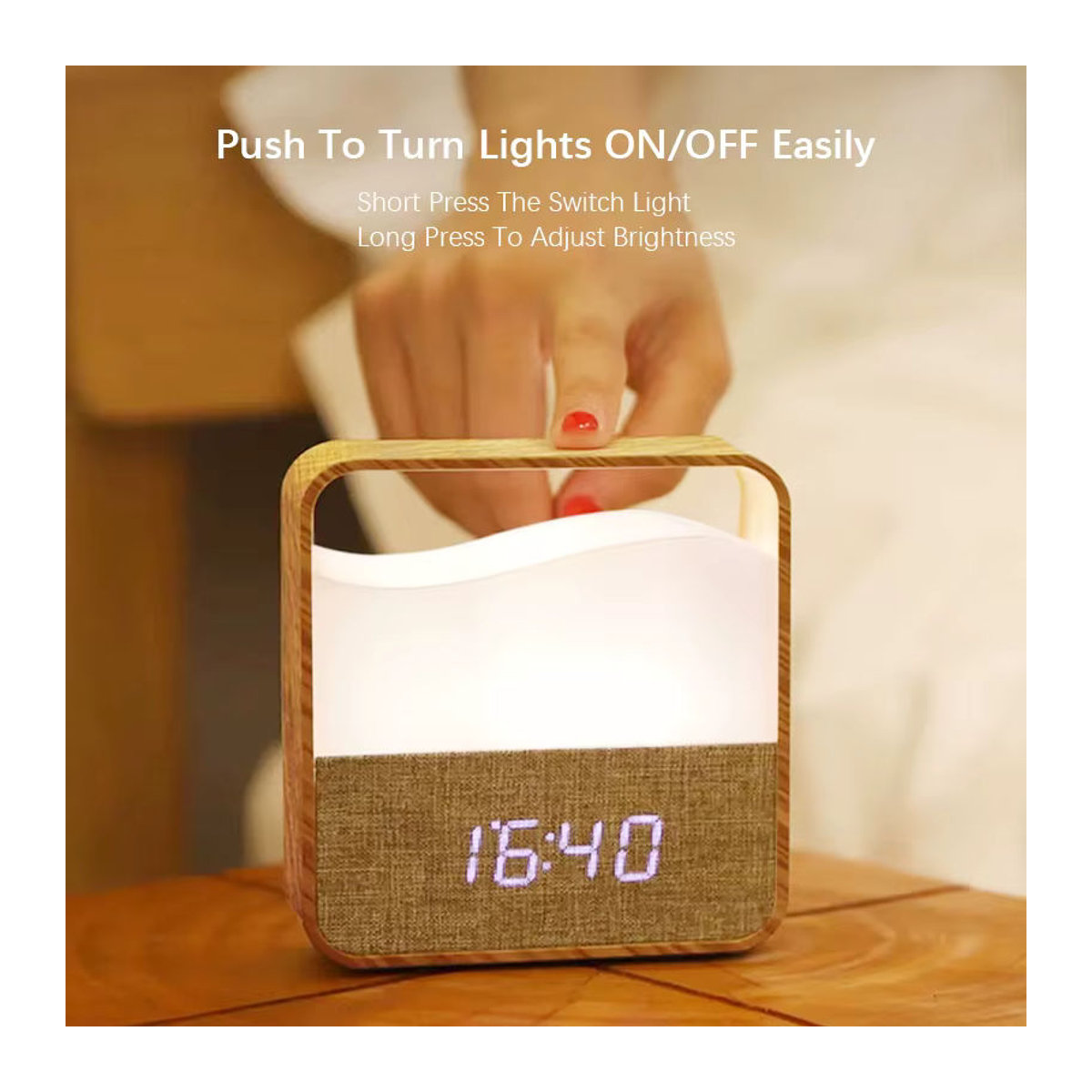 SHENZHITECH LED Tischlampe aus Holz mit digitaler Uhr und Alarmfunktion in Natur, dimmbar und USB-wiederaufladbar - Bild 1