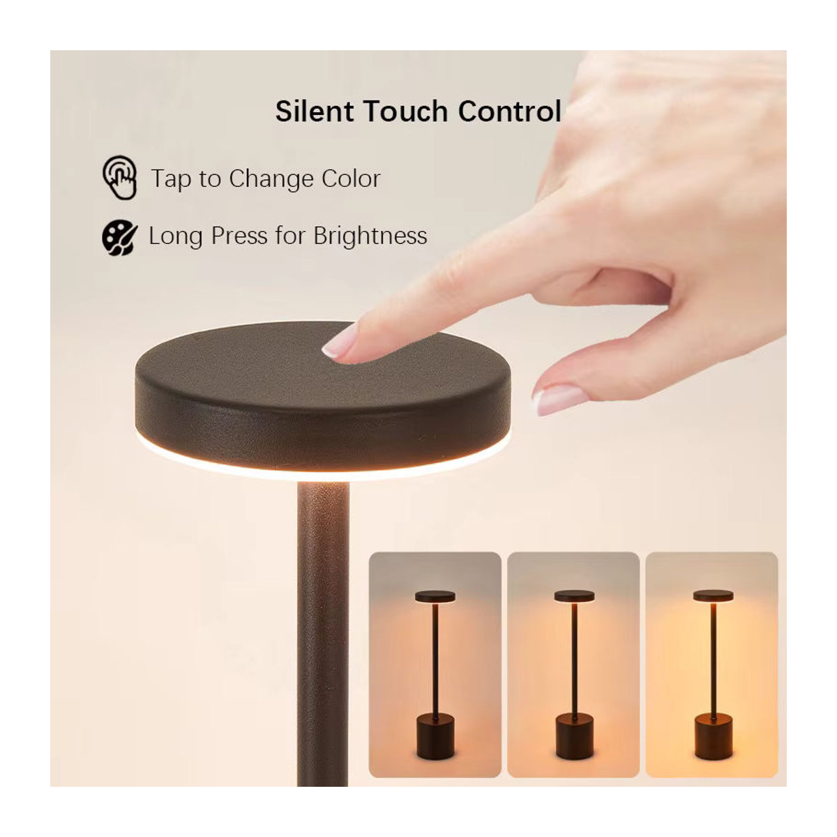 SHENZHITECH LED Tischlampe mit Touch-Sensor in Schwarz, minimalistisches Design, 3 Farben einstellbar und wiederaufladbar - Bild 3