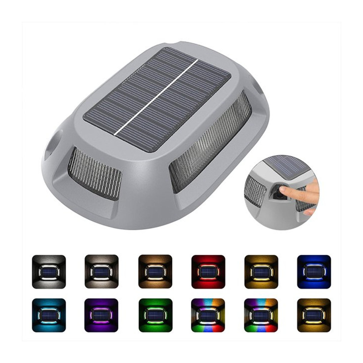 SHENZHITECH Solar-Deckleuchte aus Aluminium mit RGB-LED und intelligentem Lichtsensor, moderne Wegeleuchte für Garten und Treppen, Grau/Bunt - Bild 1