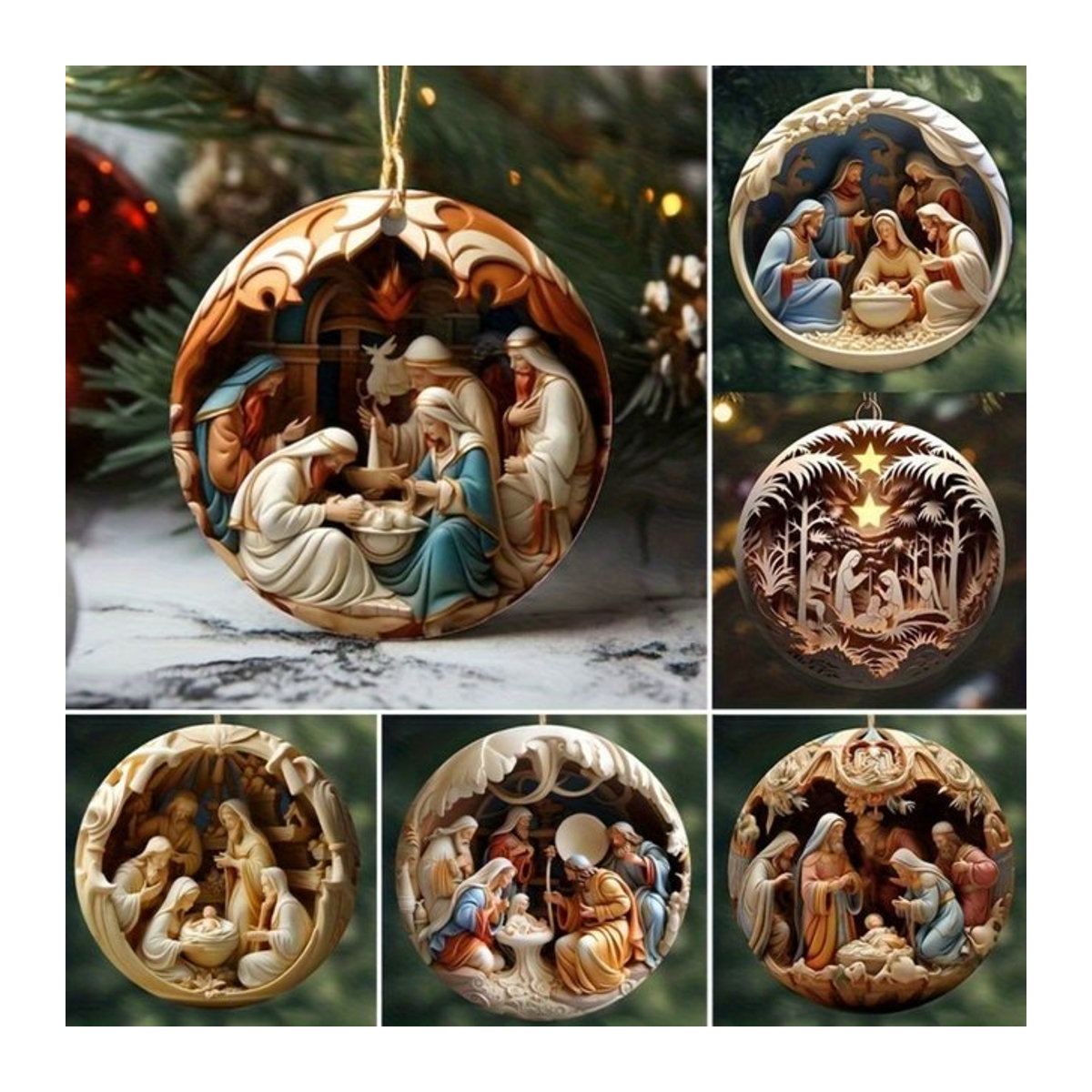 SHIQIAN Weihnachtsanhänger aus Holz mit Krippen-Motiven in Braun und Mehrfarbig, 12er Set Hängeornamente für den Weihnachtsbaum - Bild 1