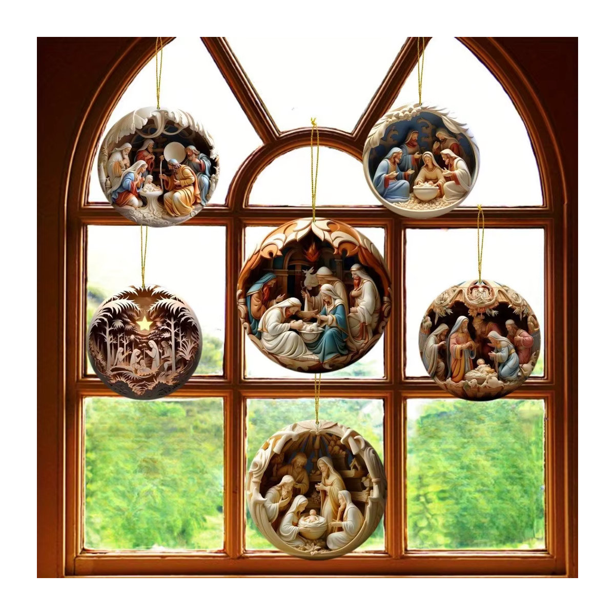 SHIQIAN Weihnachtsanhänger aus Holz mit Krippen-Motiven in Braun und Mehrfarbig, 12er Set Hängeornamente für den Weihnachtsbaum - Bild 2