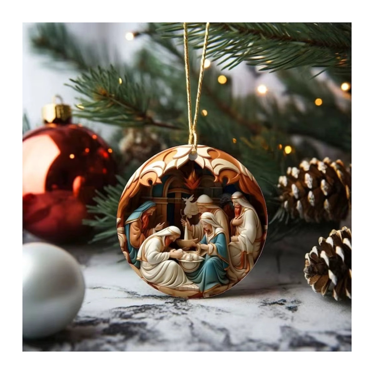 SHIQIAN Weihnachtsanhänger aus Holz mit Krippen-Motiven in Braun und Mehrfarbig, 12er Set Hängeornamente für den Weihnachtsbaum - Bild 3