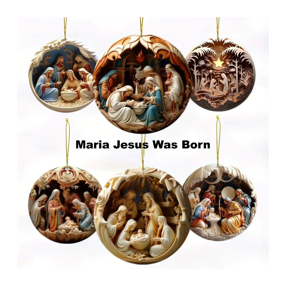 SHIQIAN Weihnachtsanhänger aus Holz mit Krippen-Motiven in Braun und Mehrfarbig, 12er Set Hängeornamente für den Weihnachtsbaum - Bild 4