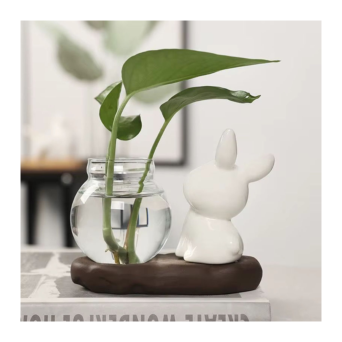 SHNGki Transparente Glasvase mit Holzsockel in Kaninchen-Design für Schnittblumen und hydroponische Pflanzen, Weiß - Bild 5