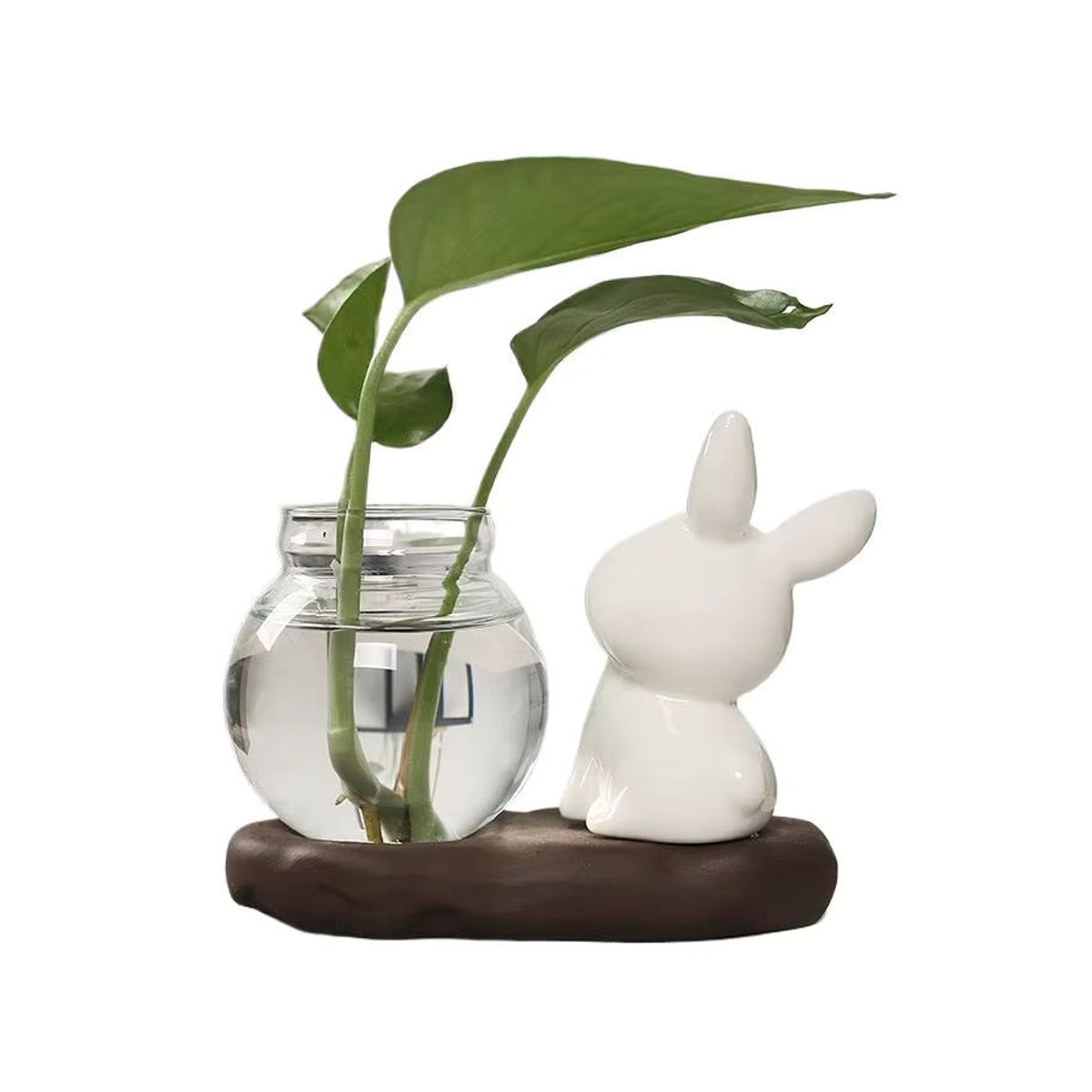 SHNGki Transparente Glasvase mit Holzsockel in Kaninchen-Design für Schnittblumen und hydroponische Pflanzen, Weiß - Bild 6