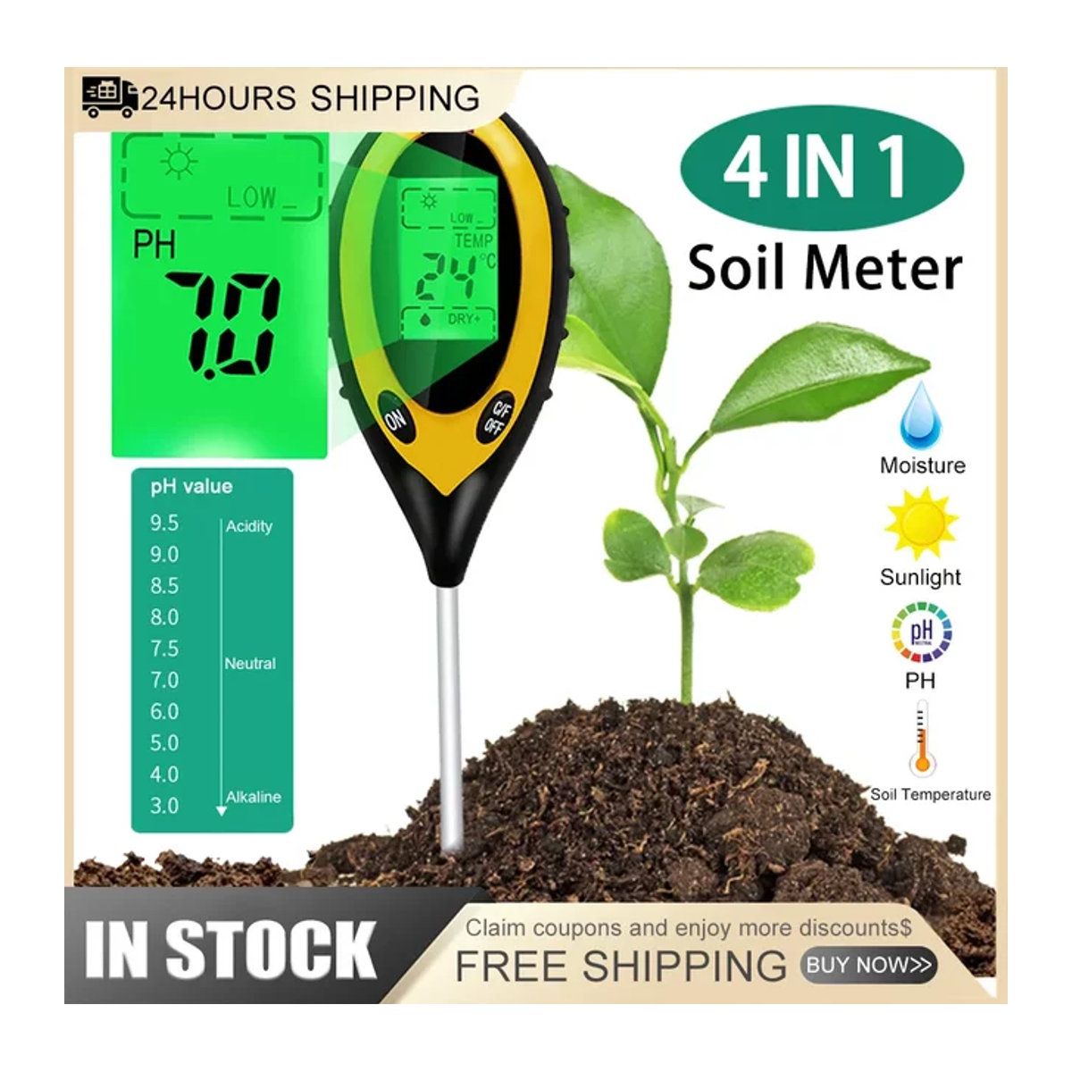 Shunmaii 4in1 Boden-pH-Meter mit LCD-Display und Solarbetrieb zur Messung von pH-Wert, Feuchtigkeit und Temperatur für die Pflanzenpflege - Bild 1