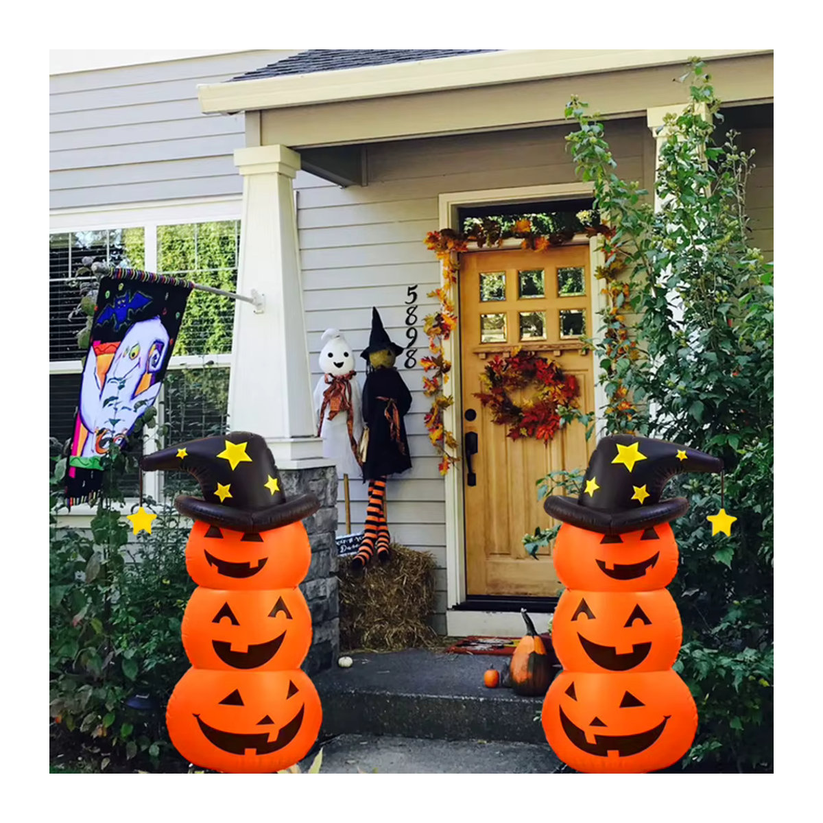 Shunmaii Aufblasbarer Halloween Kürbis mit beängstigendem Geist als Outdoor Dekoration in Orange und Gelb - Bild 3