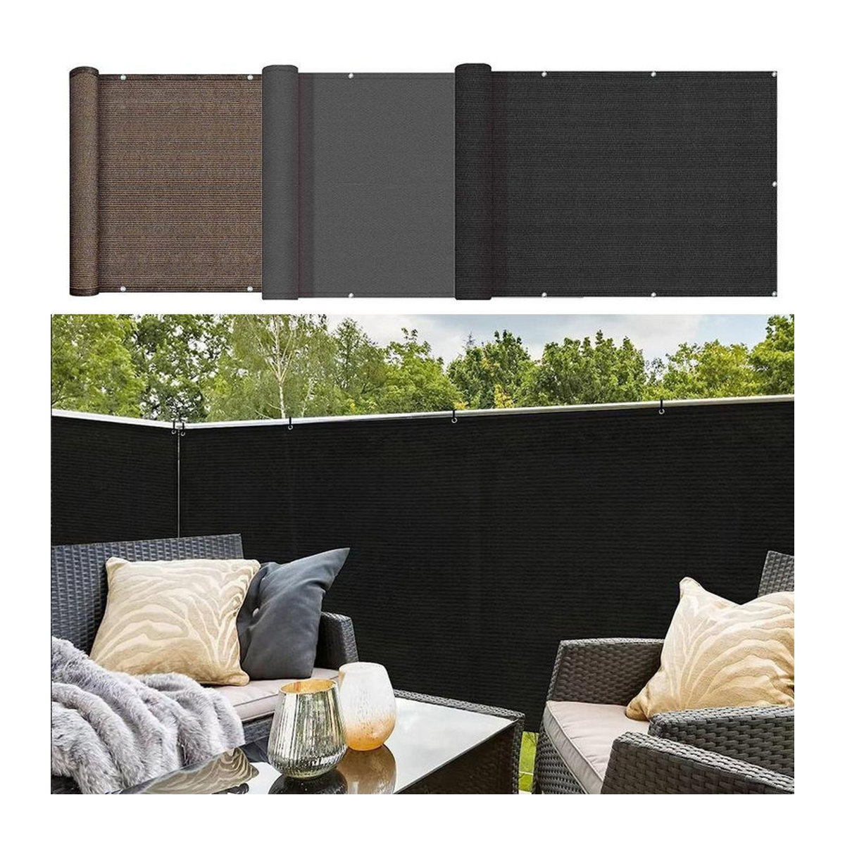 SHyuduo Balkon-Sichtschutz aus wasserdichtem Polyester, verdicktes Zaunnetz für Terrasse und Privatsphäre, Schwarz, B: 90 cm, L: 600 cm - Bild 2