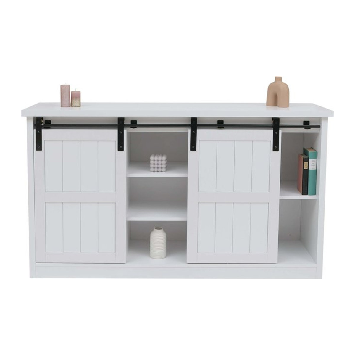 Sideboard MCW-K75 Highboard Regal Schrank mit Schiebetüren und 7 Fächern in Holz-Optik und Industrial Metall-Design, Farbe: Weiß, B/T/H: 150 x 40 x 84 cm - Bild 1