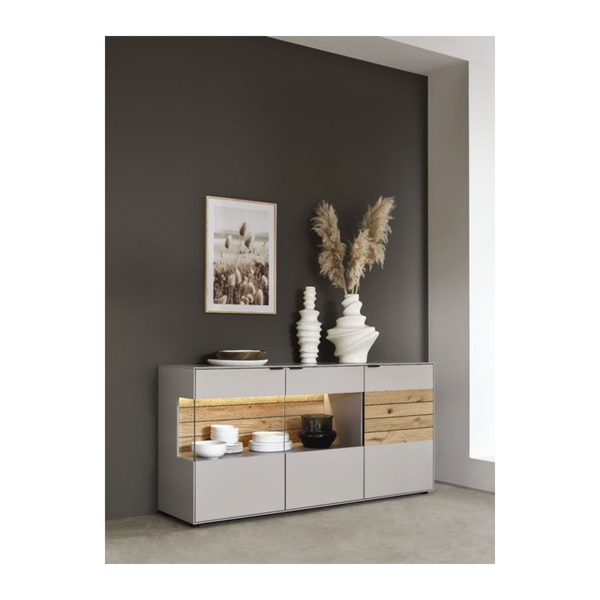 Sideboard Witlake SEVERO Modern in Grau mit Eiche und Glas - Bild 1