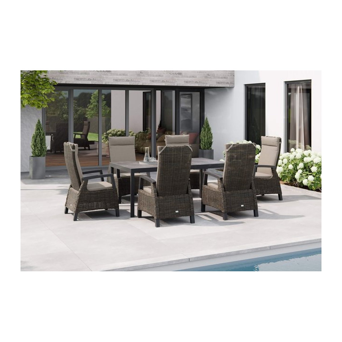 Siena Garden Carlos/Corido Garten-Essgruppe in Anthrazit mit 6 Dining Sesseln aus Aluminium, Keramik und Gardino Geflecht, B: 180 cm, T: 100 cm - Bild 1