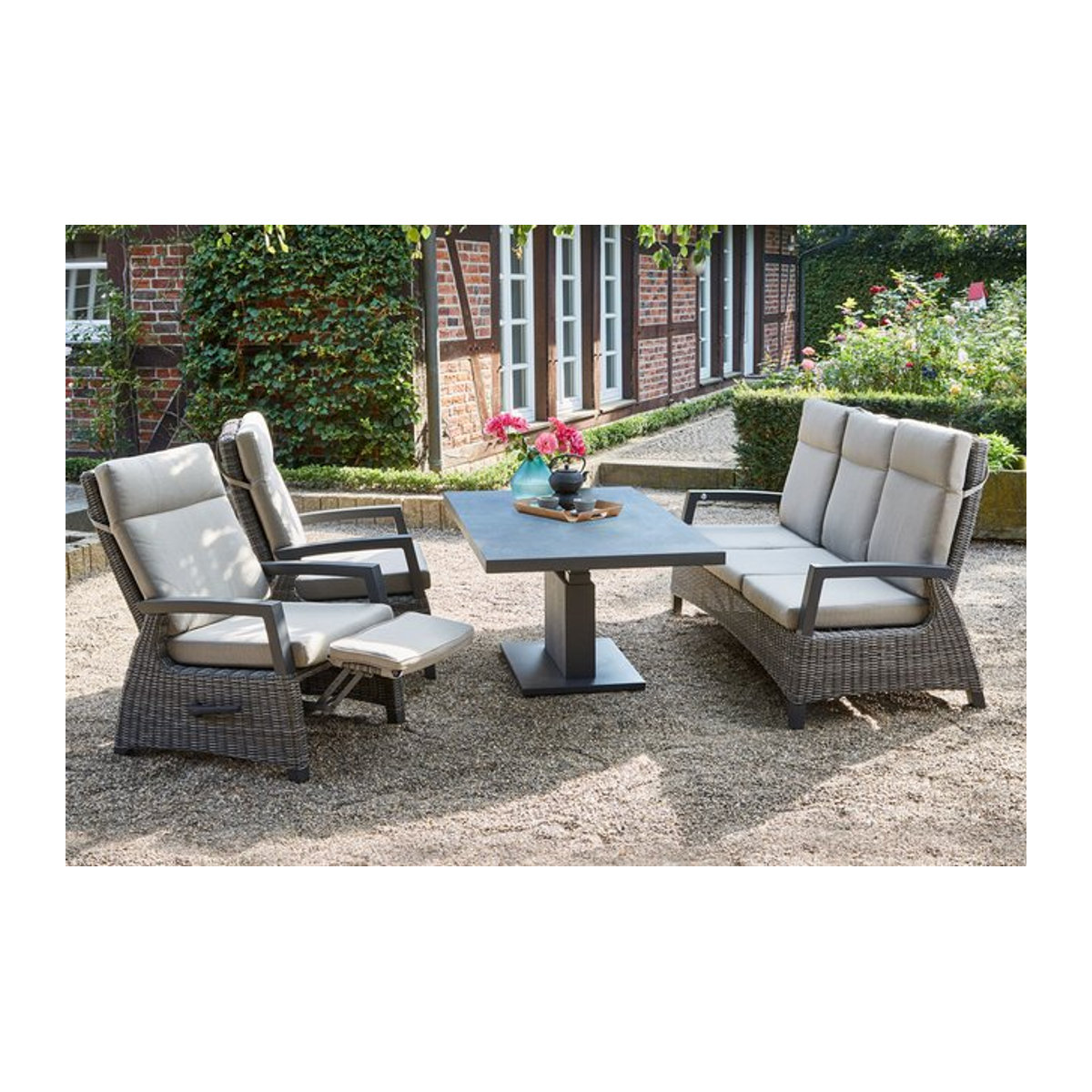 Siena Garden Corido/Bellani Gartenlounge Set in Grau/Anthrazit aus Polyrattan und Aluminium mit Lifttisch, 3-Sitzer und 2 Relaxesseln - Bild 1