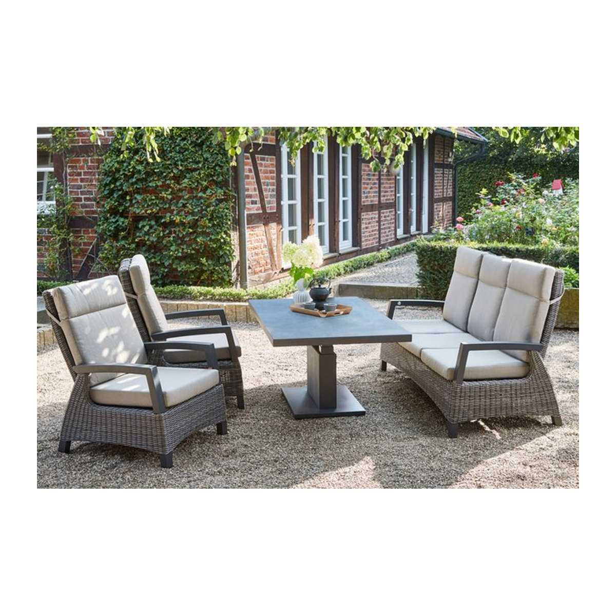 Siena Garden Corido/Bellani Gartenlounge Set in Grau mit Lifttisch, 3-Sitzer und 2 Loungesesseln aus Alu und Gardino Geflecht - Bild 1