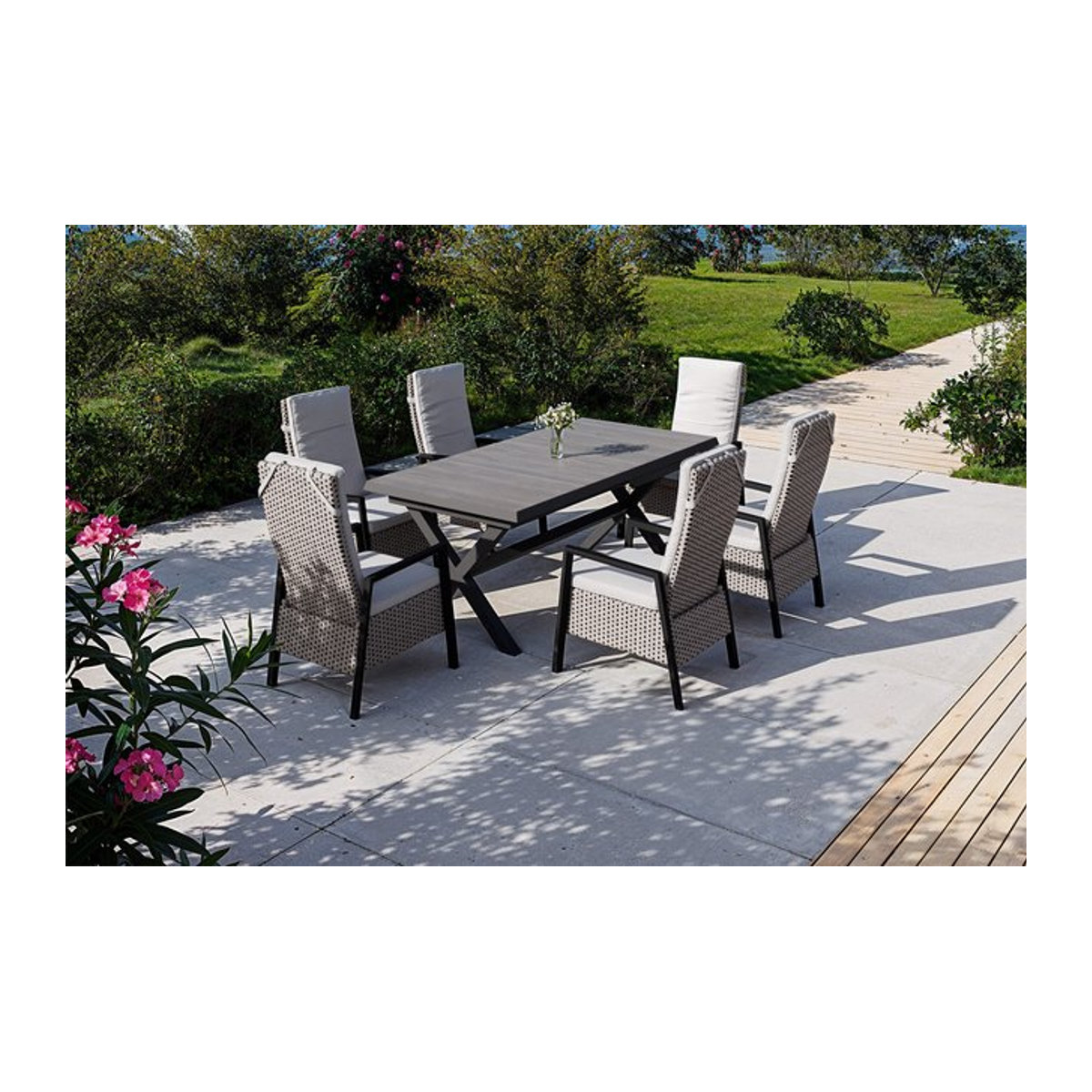 Siena Garden Garten-Essgruppe aus Aluminium, Keramik und Polyrattan in Anthrazit und Grau mit ausziehbarer Tischplatte und 6 Diningsesseln - Bild 1