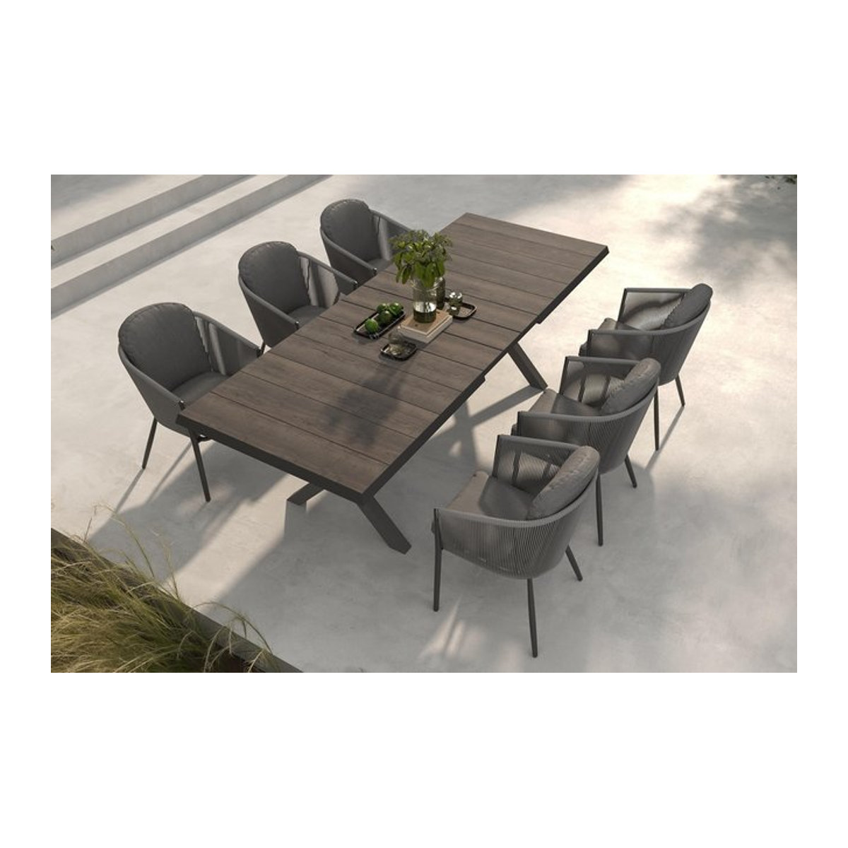 Siena Garden Garten-Essgruppe aus Aluminium, Keramik und Rope-Geflecht in Anthrazit und Grau mit ausziehbarer Tischplatte und 6 Diningsesseln - Bild 1