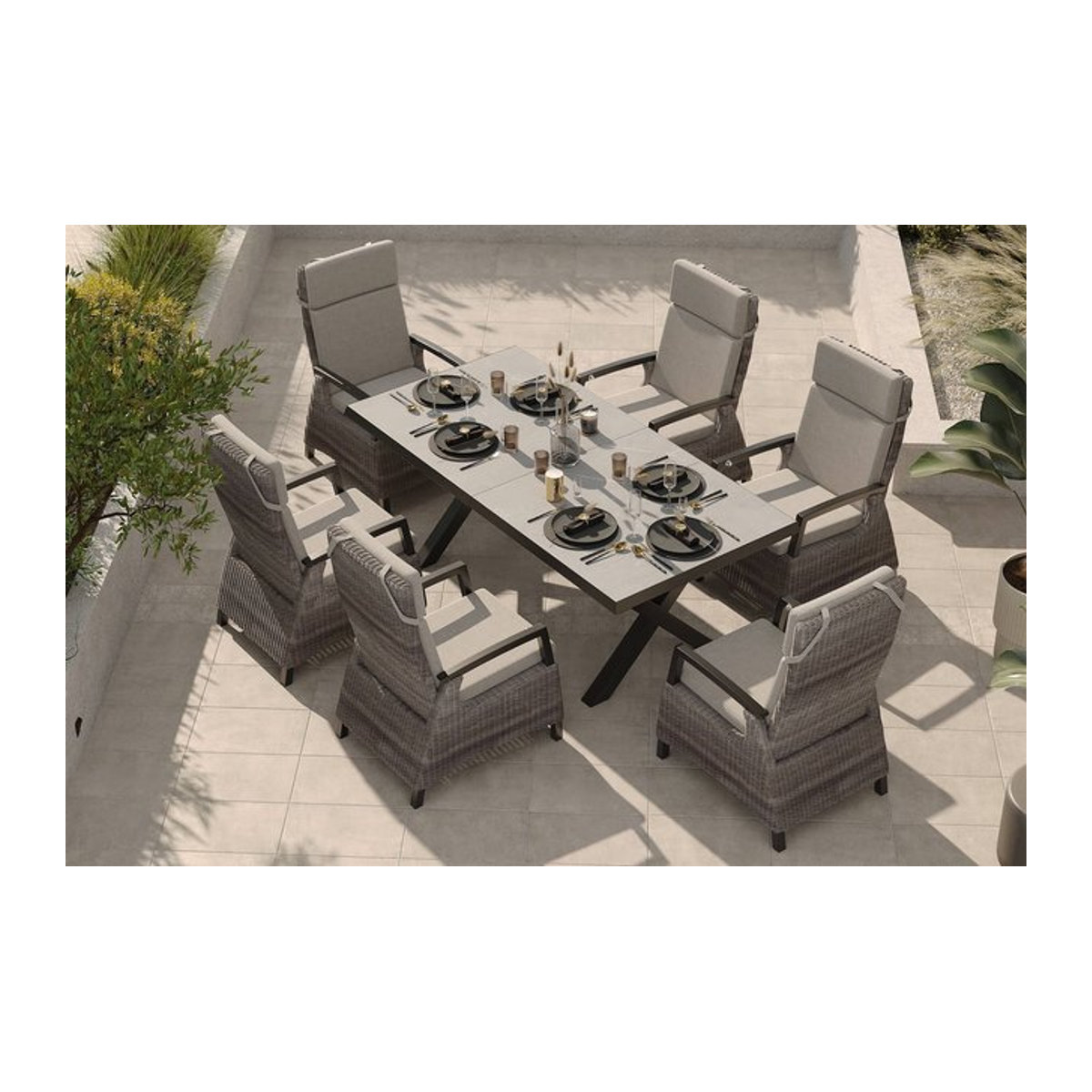 Siena Garden Garten-Essgruppe aus Aluminium und Polyrattan in Schwarz und Grau mit ausziehbarem Tisch und 6 Diningsesseln - Bild 1