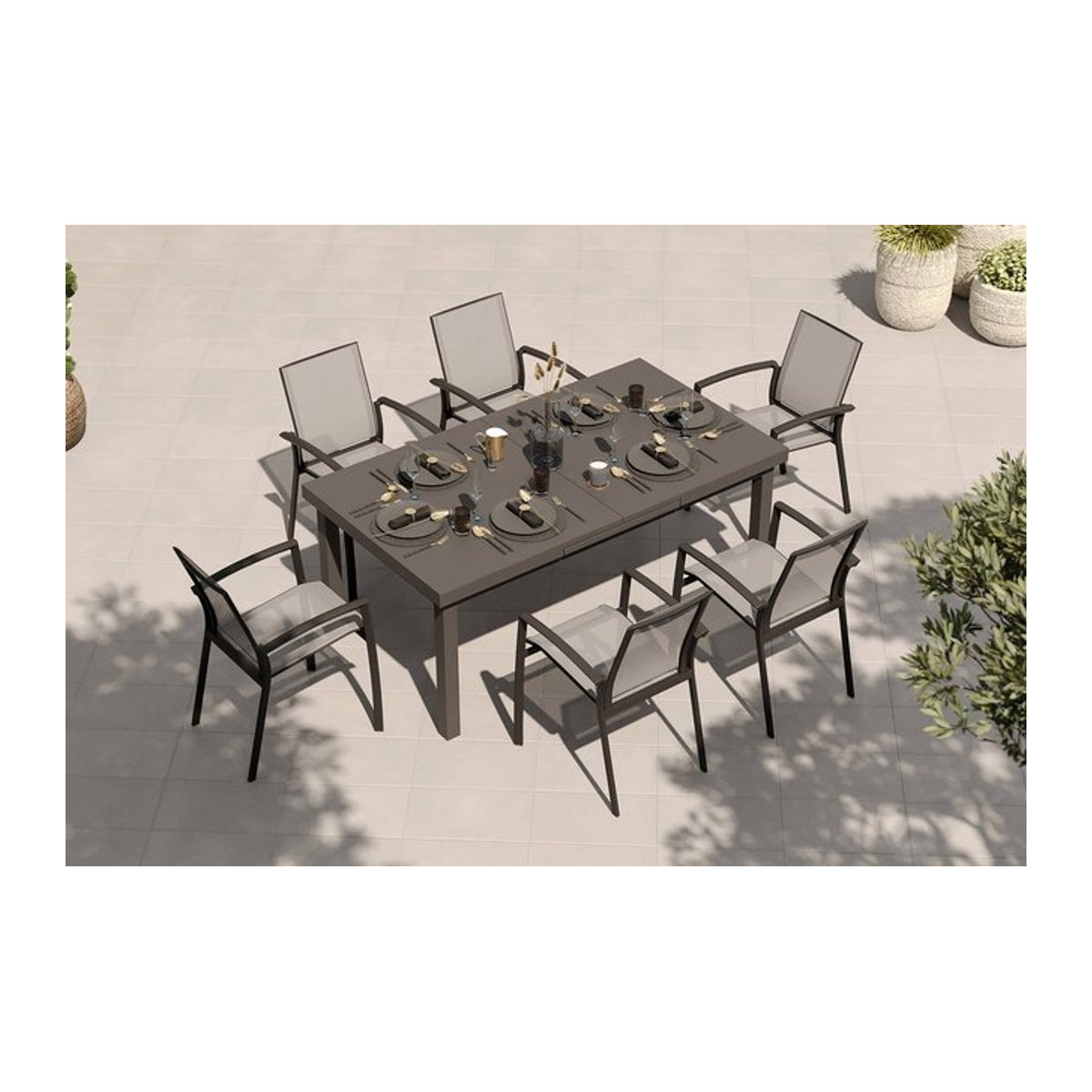 Siena Garden Garten-Essgruppe aus Aluminium und Ranotex-Gewebe in Anthrazit/Grau mit Ausziehtisch und 6 Stapelsesseln - Bild 1