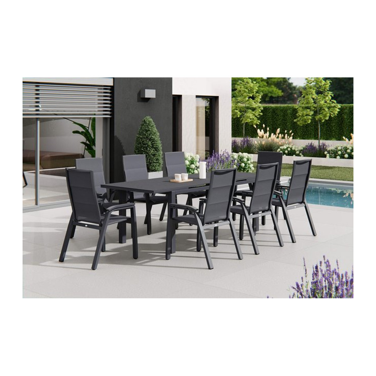 Siena Garden Garten-Essgruppe Miros/Milano in Anthrazit mit Ausziehtisch und 8 Stapelsesseln aus Alu und Ranotex-Gewebe, B/T/H: 240 x 90 x 180 cm - Bild 1