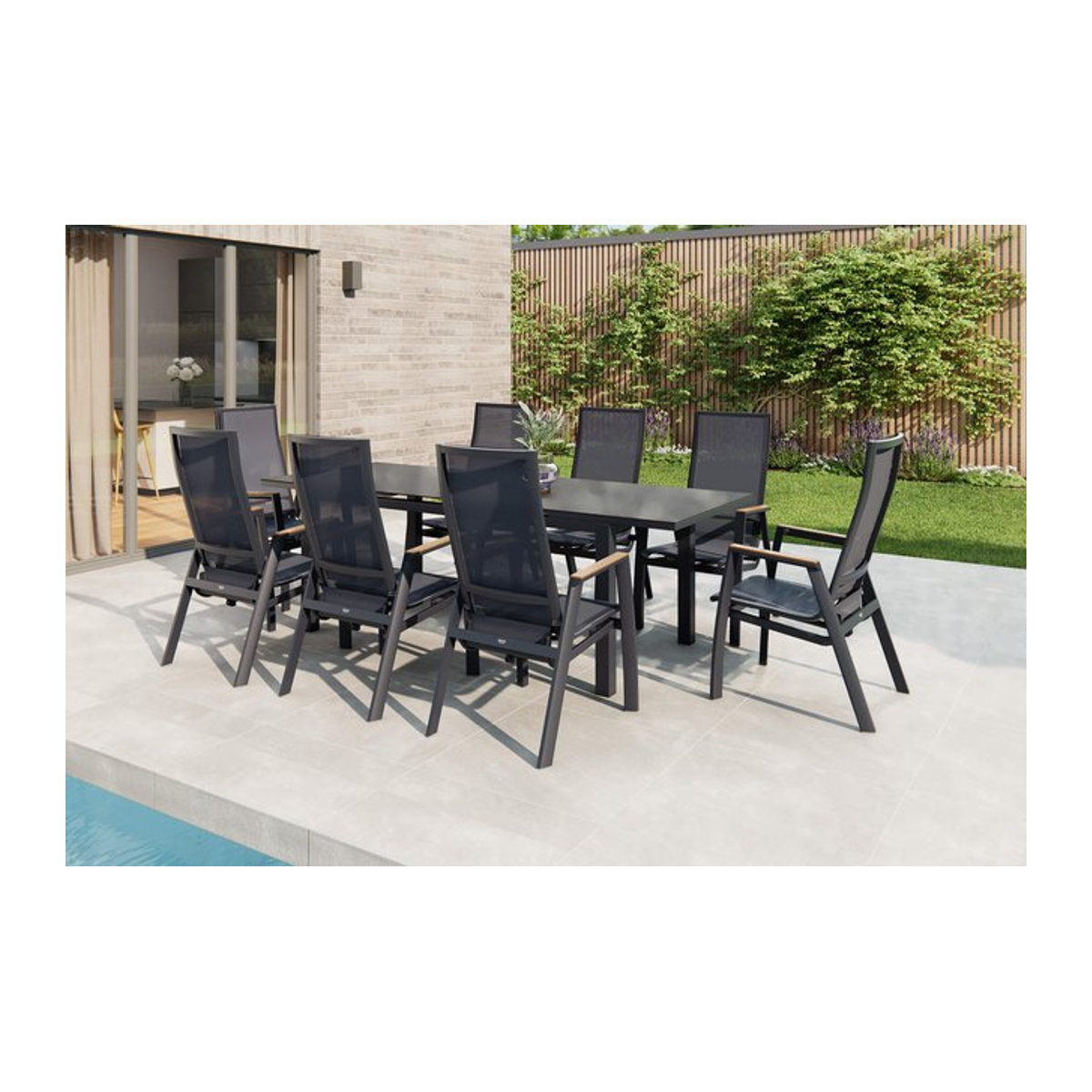 Siena Garden Garten-Essgruppe Miros/Rondo in Anthrazit mit Ausziehtisch und 8 Stapelsesseln aus Aluminium und Ranotex-Gewebe, Tischbreite: 180 bis 240 cm, Tischtiefe: 90 cm - Bild 1